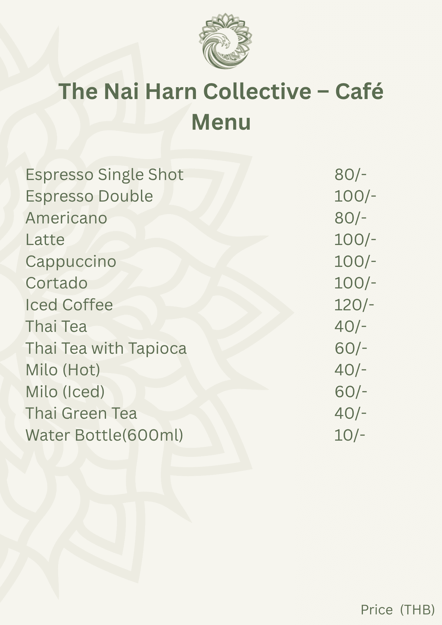 The Nai Harn Collective Cafe Menu menu page 1 - featuring gourmet dishes, beverages, and dining options at our boutique villa hotel in Phuket
